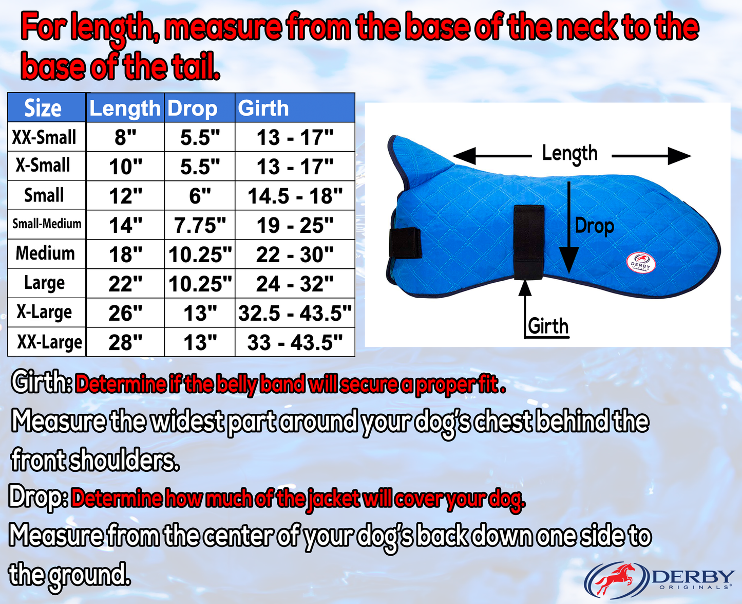 Derby Originals Hydro Cooling Dog Jacket with Harness Compatible Size chart