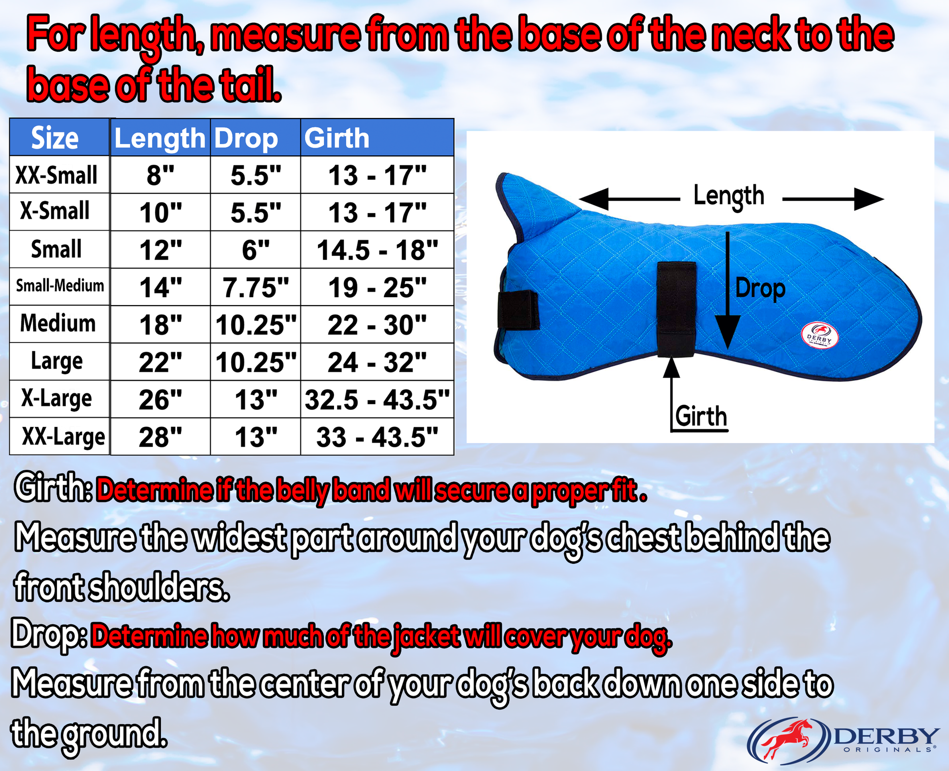 Derby Originals Hydro Cooling Dog Jacket with Harness Compatible Size chart