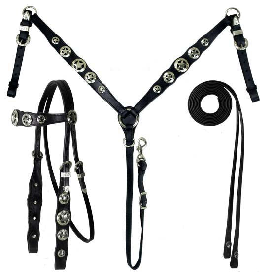 Tahoe Tack Patriotic Silver Star Concho Leather Western Headstall, Breastcollar, and Reins Set