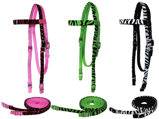 Tahoe Tack Zebra Print Nylon Western Browband Headstall with Matching Reins