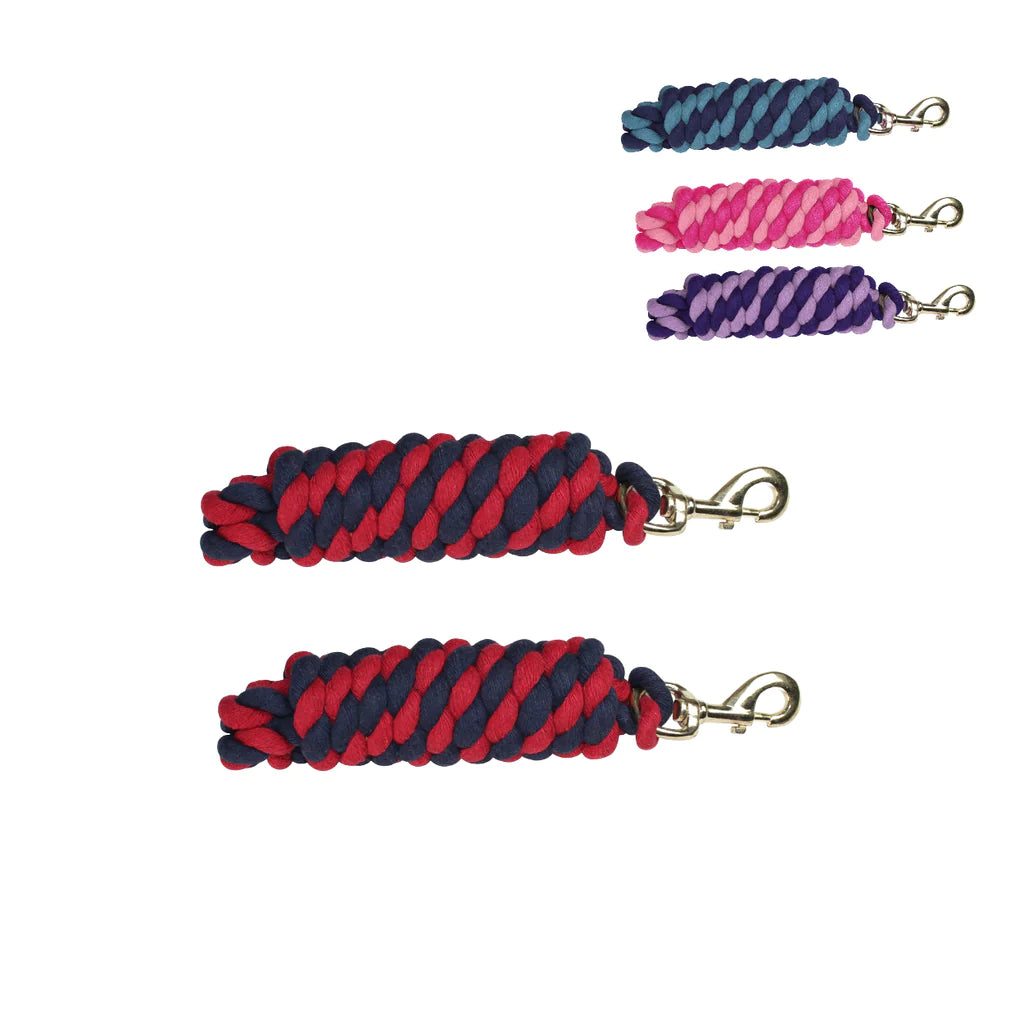 Derby Originals Striped Multicolor 10’ Cotton Lead Ropes Lot of 2 with Rust Proof Brass Snaps Red blue