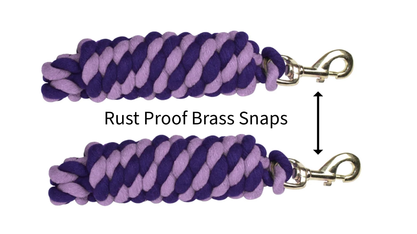 Striped Multicolor 10’ Cotton Lead Ropes Lot of 2 with Rust Proof Brass Snaps Blue