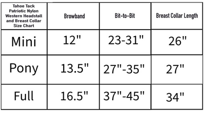 Tahoe Tack American Flag Double Layered Nylon Patriotic Padded Headstall, Reins and Breast Collar with Fringes 3 Items Set Size Chart
