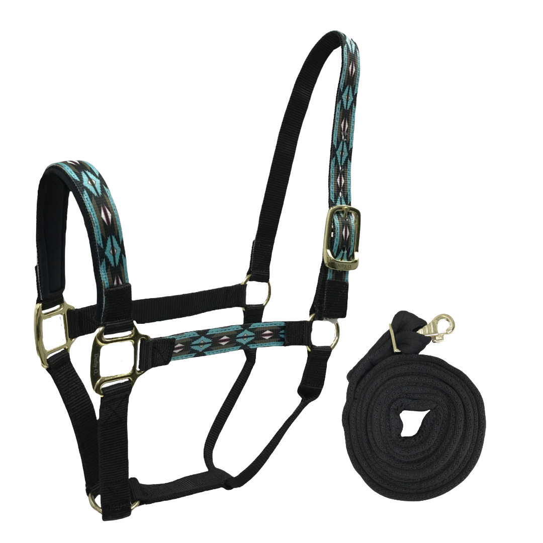  Nylon Padded Horse Halters with Matching Soft Grip Lead Rope - Black Color