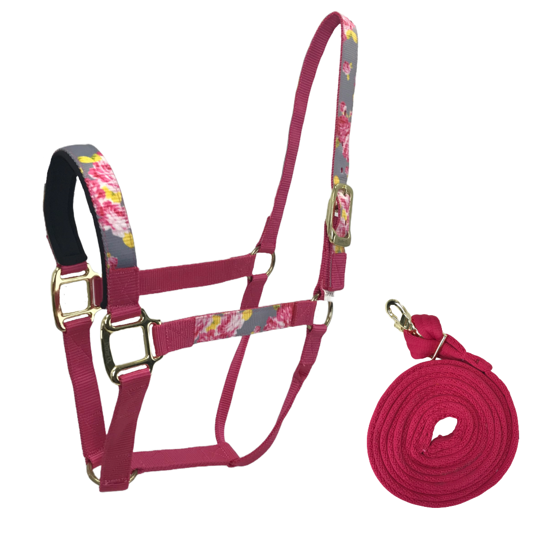 Derby Originals Patterned Nylon Padded Horse Halters with Matching 10’ Soft Grip Lead Rope - Pink Color