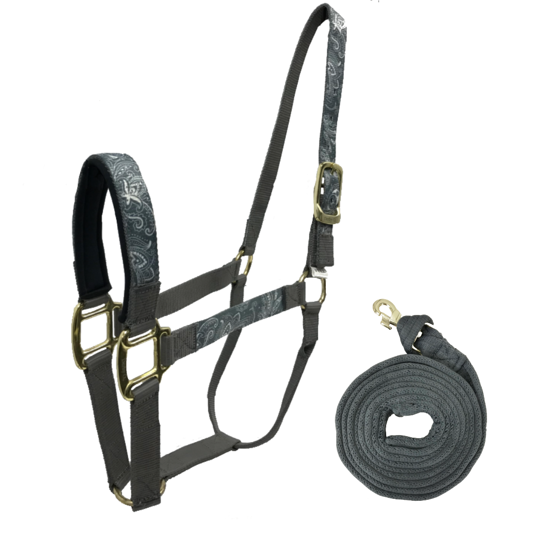 Derby Originals Patterned Nylon Padded Horse Halters with Matching 10’ Soft Grip Lead Rope - Gray Color 