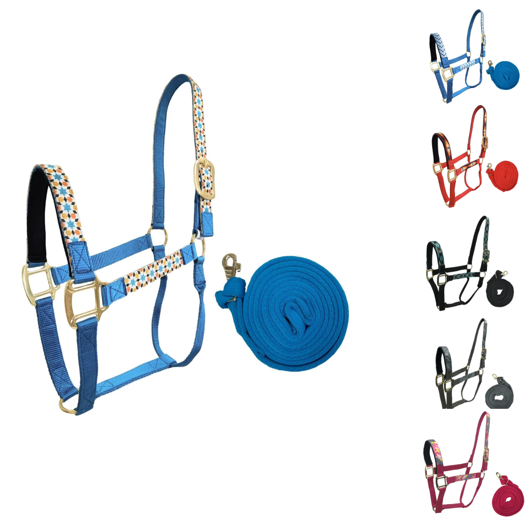 Derby Originals Patterned Nylon Padded Horse Halters with Matching Soft Grip Lead Rope 
