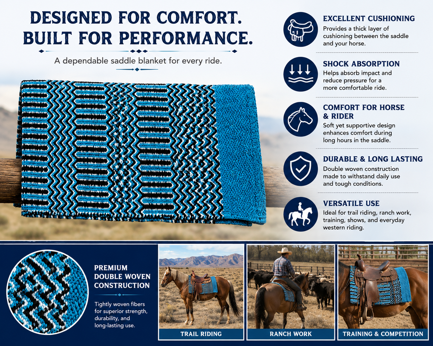Tahoe Tack Heavyweight 32" x 64" Premium Navajo Double Woven Horse Western Saddle Blanket