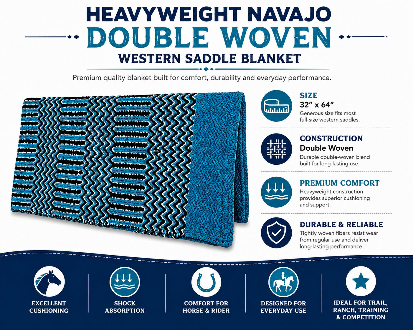 Tahoe Tack Heavyweight 32" x 64" Premium Navajo Double Woven Horse Western Saddle Blanket