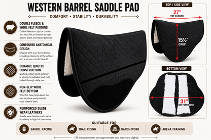 Tahoe Tack Contoured Western Barrel Saddle Pad, 27" x 31" – Double Fleece & Wool Felt Padding, Quilted Cotton Blend, Suede Wear Leathers, Non-Slip Bottom, Round Skirt Saddle Pad for Horses