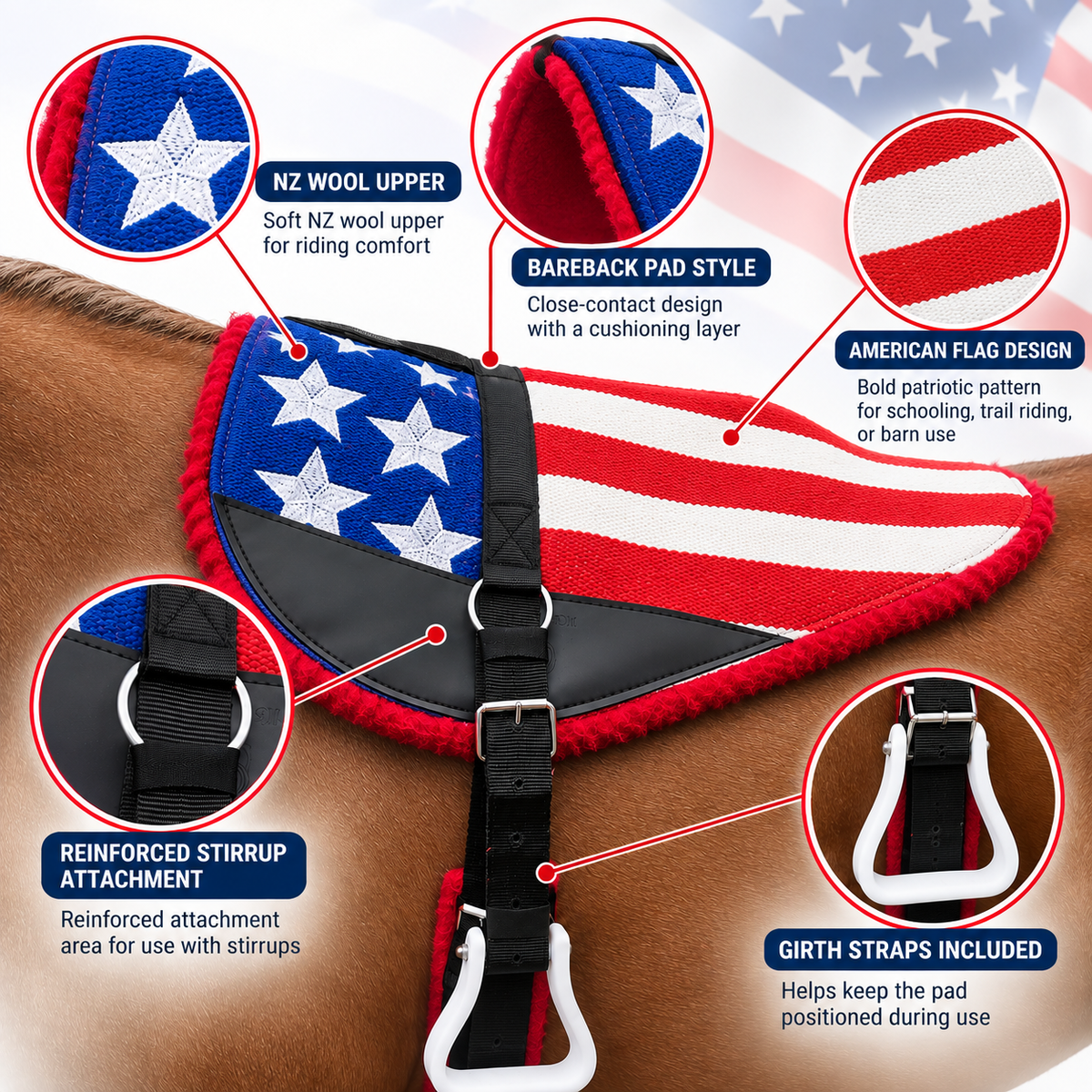 Tahoe Tack American Flag NZ Wool Upper Bareback Pad with Reinforced Stirrups and Girth
