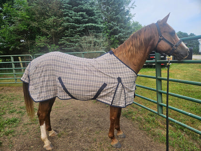 Paris Tack Navy Beige Plaid Horse Stable Sheet with Front Gussets, Lightweight Polyester Sheet for Horses, Travel, Stable & Show Use