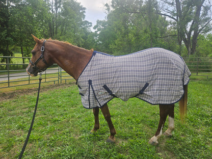 Paris Tack Navy Beige Plaid Horse Stable Sheet with Front Gussets, Lightweight Polyester Sheet for Horses, Travel, Stable & Show Use
