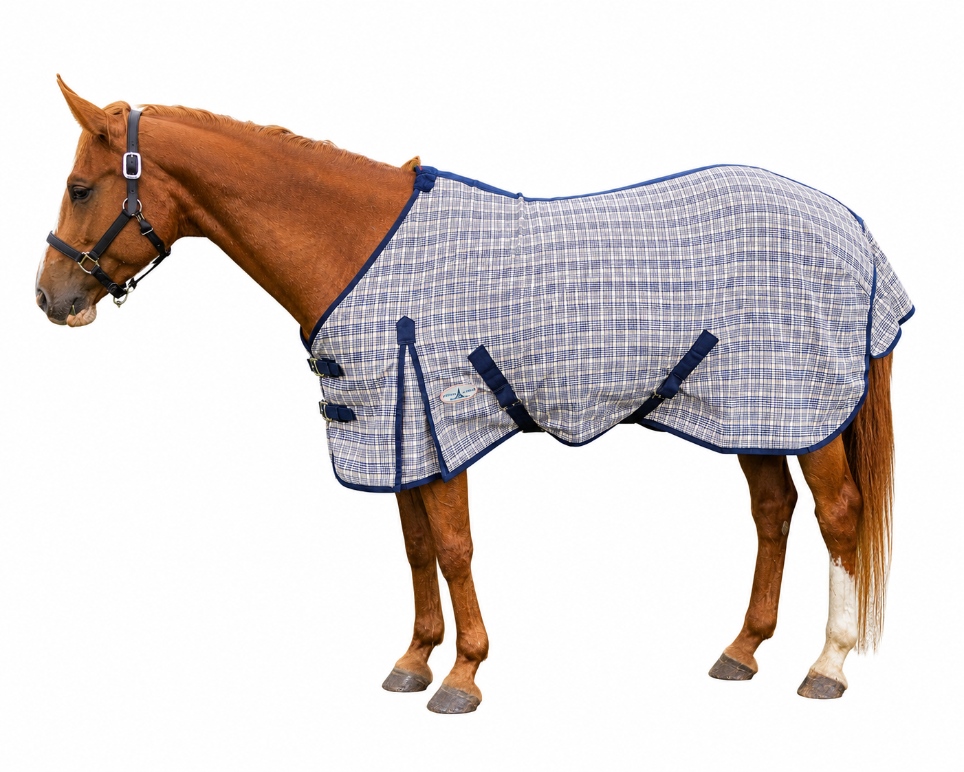 Paris Tack Navy Beige Plaid Horse Stable Sheet with Front Gussets, Lightweight Polyester Sheet for Horses, Travel, Stable & Show Use