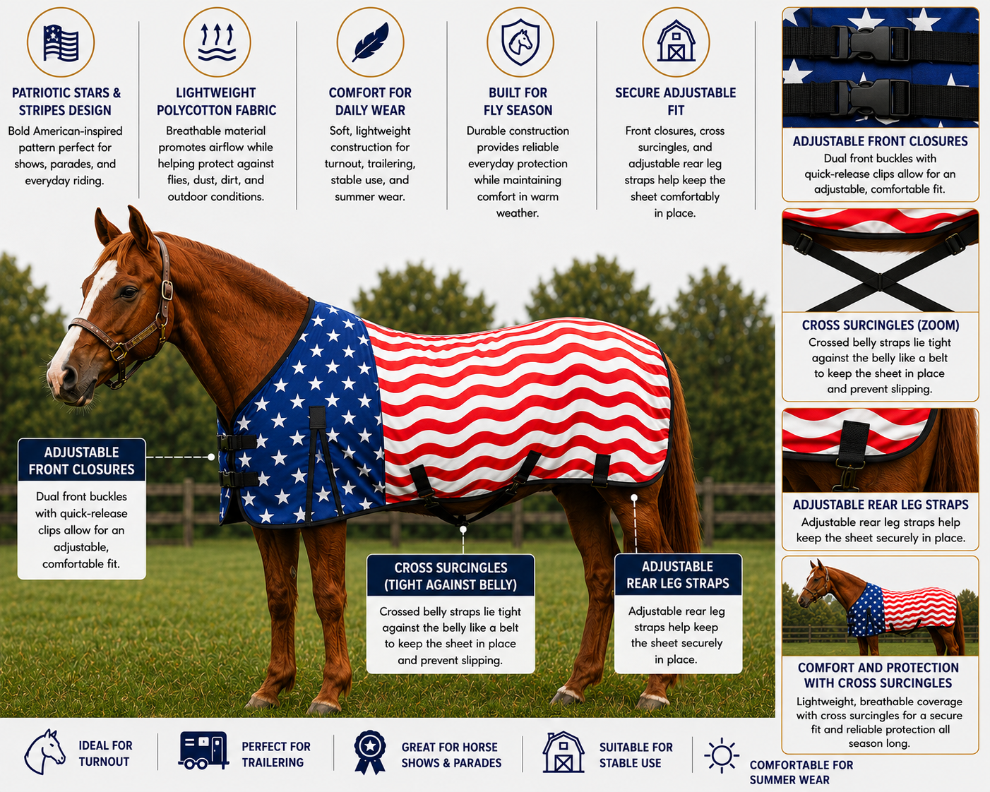 Derby Originals Patriotic Stars & Stripes Polycotton Horse Fly Sheet for Summer Turnout, Breathable Lightweight Fly Protection