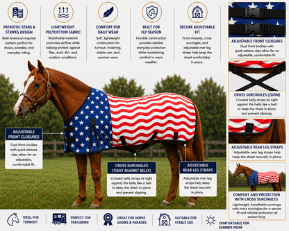 Derby Originals Patriotic Stars & Stripes Polycotton Horse Fly Sheet for Summer Turnout, Breathable Lightweight Fly Protection