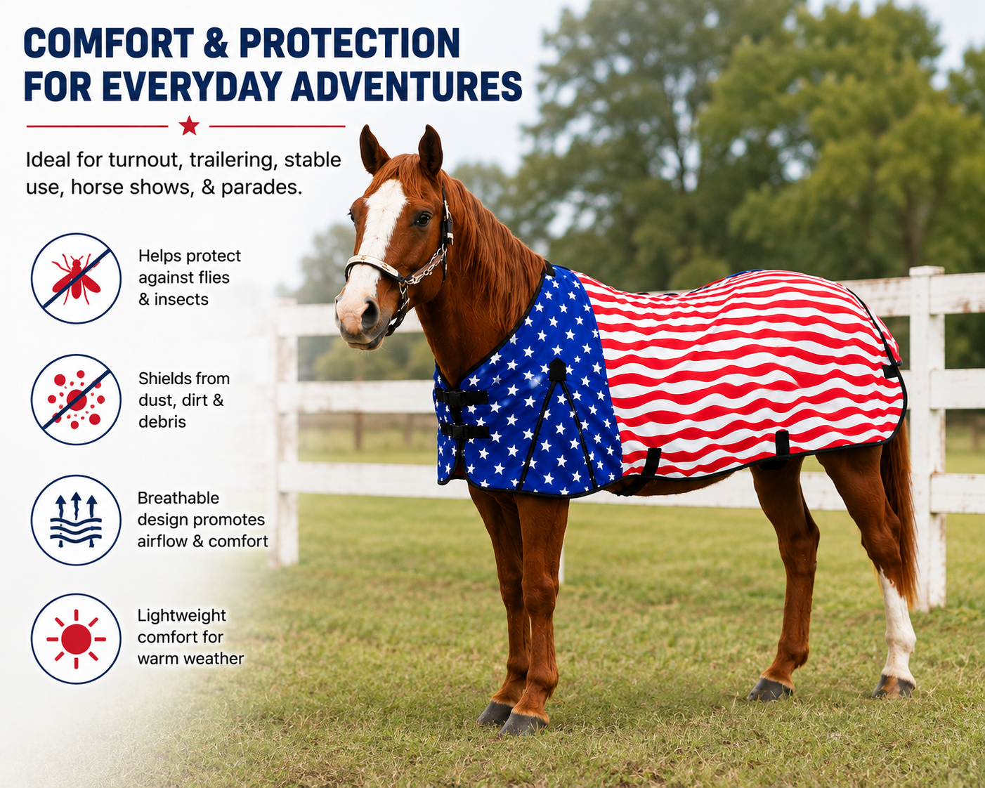 Derby Originals Patriotic Stars & Stripes Polycotton Horse Fly Sheet for Summer Turnout, Breathable Lightweight Fly Protection