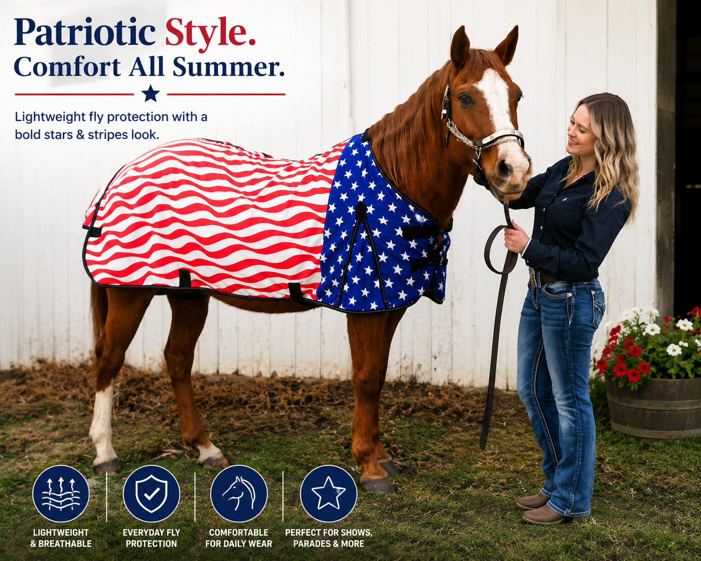 Derby Originals Patriotic Stars & Stripes Polycotton Horse Fly Sheet for Summer Turnout, Breathable Lightweight Fly Protection