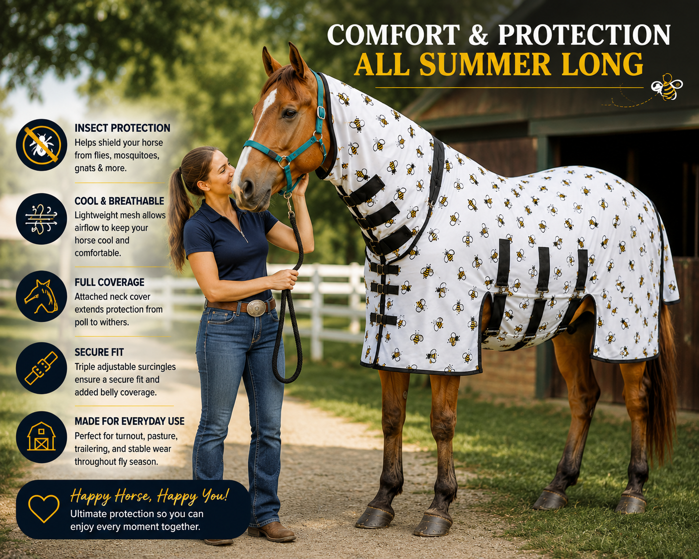 Paris Tack Ultimate Protection Horse Fly Sheet with Neck Cover, Stretch Neck Panel, Breathable Mesh, Triple Surcingles for Summer Turnout