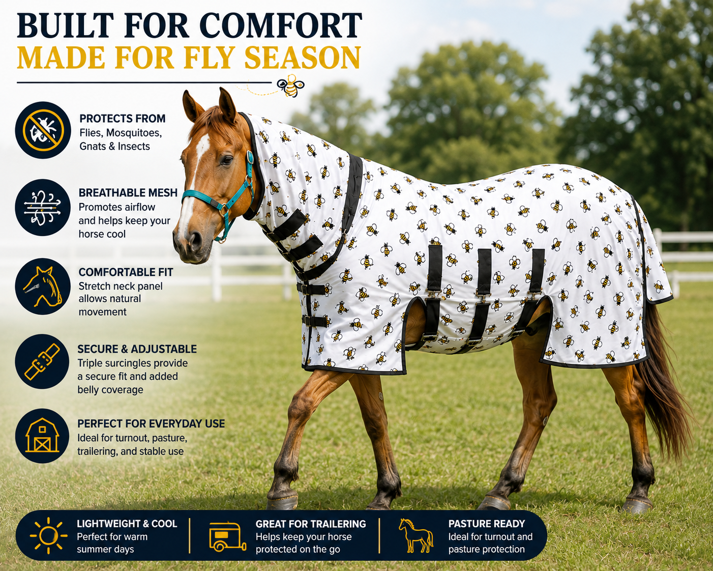 Paris Tack Ultimate Protection Horse Fly Sheet with Neck Cover, Stretch Neck Panel, Breathable Mesh, Triple Surcingles for Summer Turnout