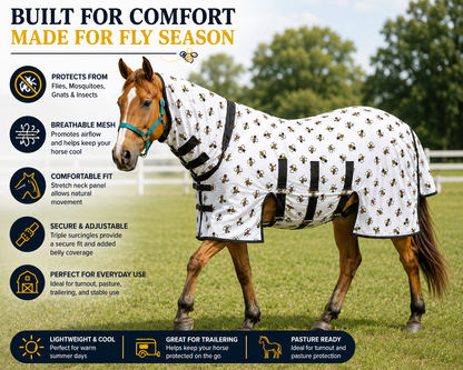 Paris Tack Ultimate Protection Horse Fly Sheet with Neck Cover, Stretch Neck Panel, Breathable Mesh, Triple Surcingles for Summer Turnout