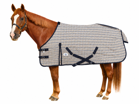 Paris Tack Navy Beige Plaid Horse Stable Sheet with Front Gussets, Lightweight Polyester Sheet for Horses, Travel, Stable & Show Use