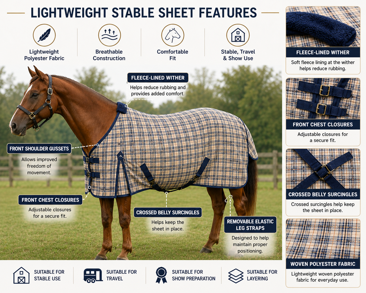 Paris Tack Navy Beige Plaid Horse Stable Sheet with Front Gussets, Lightweight Polyester Sheet for Horses, Travel, Stable & Show Use