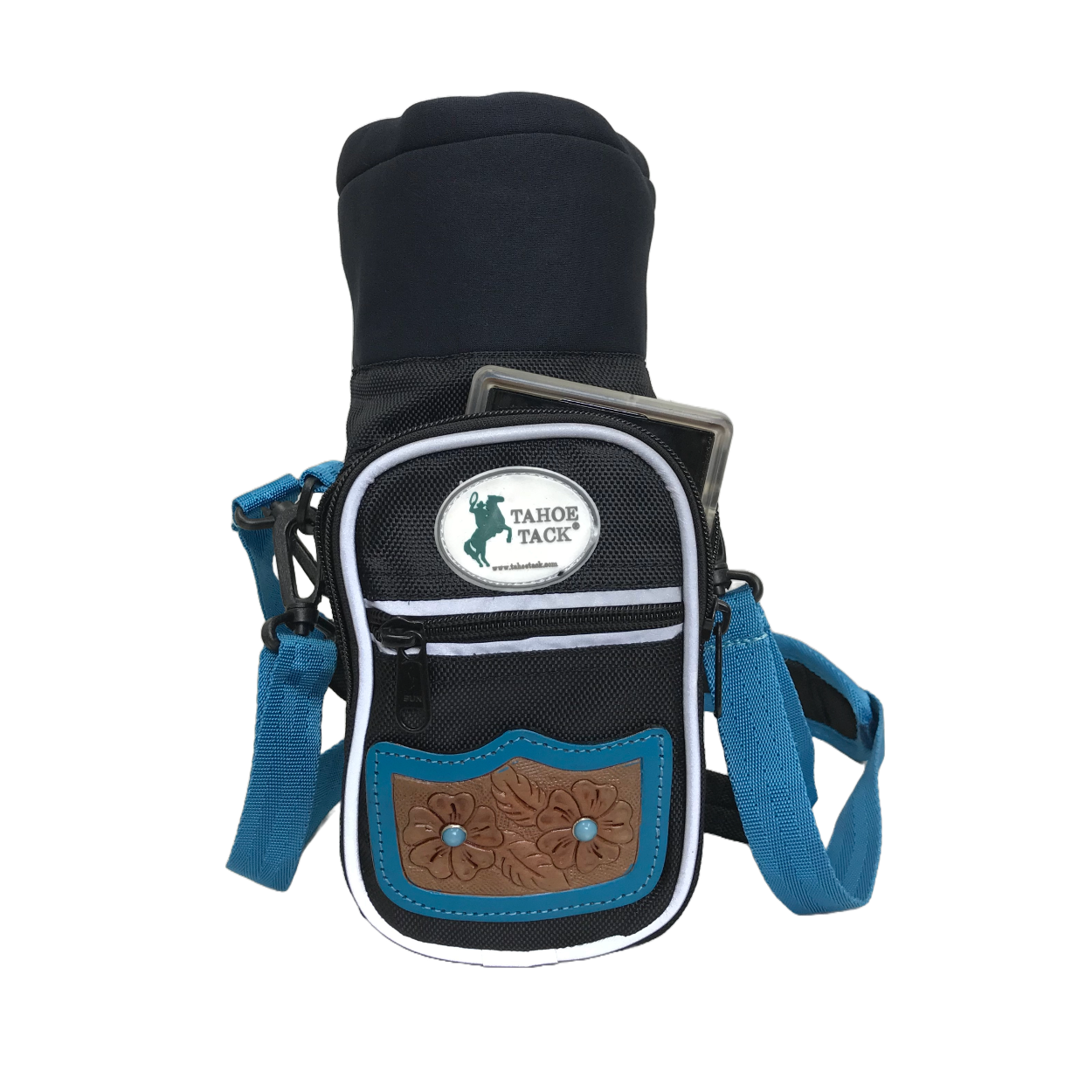 Tahoe Tack Turquoise Flower 1680D Nylon 640z Water Bottle Storage Bag with Shoulder Straps Cell Phone Zipper