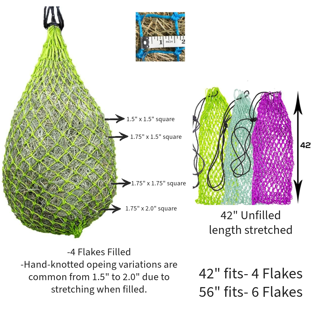 Derby Originals Ultra Slow Feed 1.5"x1.5" Hole 42" Hanging Hay Net for Horses and Livestock Measurement