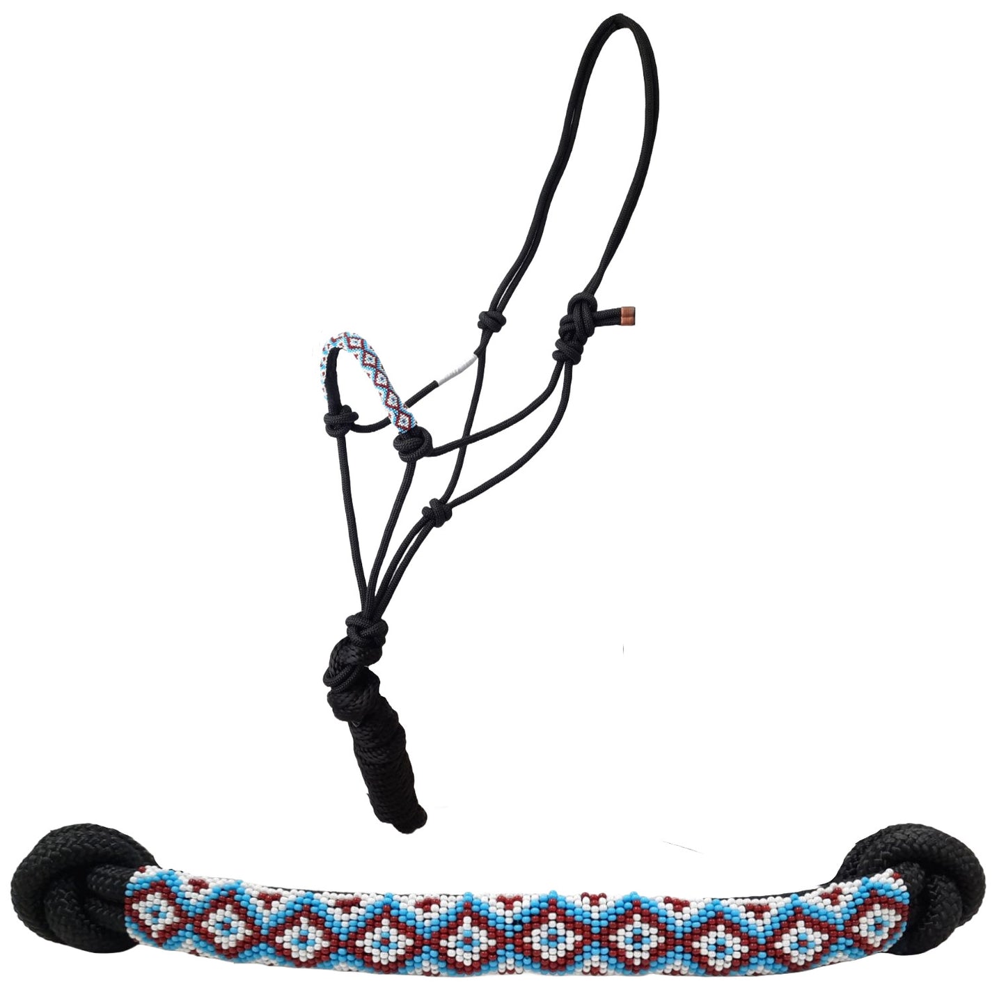 Tahoe Tack Copper Tip Series Braided Rope Horse Halter – Navajo Beaded Noseband, Cowboy Knots, with 10 Ft Lead & 1-Year Warranty