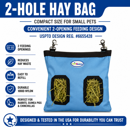 CuteNfuzzy 2-Opening Hay Bag for Rabbits, Guinea Pigs & Chinchillas, Compact Hanging Hay Feeder, 9" x 11" x 1.5", Helps Reduce Hay Waste & Cage Mess, 6-Month Warranty