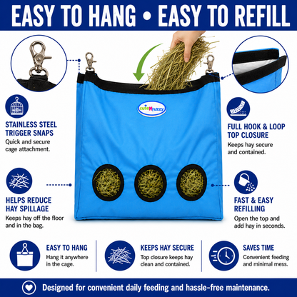 CuteNfuzzy 3-Opening Hay Bag for Rabbits, Guinea Pigs & Chinchillas – Large 15" x 15" x 5"