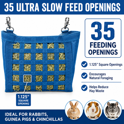 CuteNFuzzy Rabbit & Guinea Pig Hay Bag Feeder with Super Tough Bottom® Design | 35 Ultra Slow Feed Openings | Small 10.5" x 9" x 5" Front Web Hay Feeder | Less Waste, Cleaner Cage | Made in USA Design