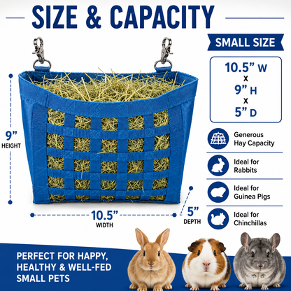 CuteNFuzzy Rabbit & Guinea Pig Hay Bag Feeder with Super Tough Bottom® Design | 35 Ultra Slow Feed Openings | Small 10.5" x 9" x 5" Front Web Hay Feeder | Less Waste, Cleaner Cage | Made in USA Design