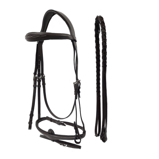 Paris Tack Horse English Jumping Flash Bridle with Ergonomic Crownpiece, Anatomical Padded Snaffle Noseband, Fancy Stitched Raised Leather, Laced Reins Included, 1 Year Warranty