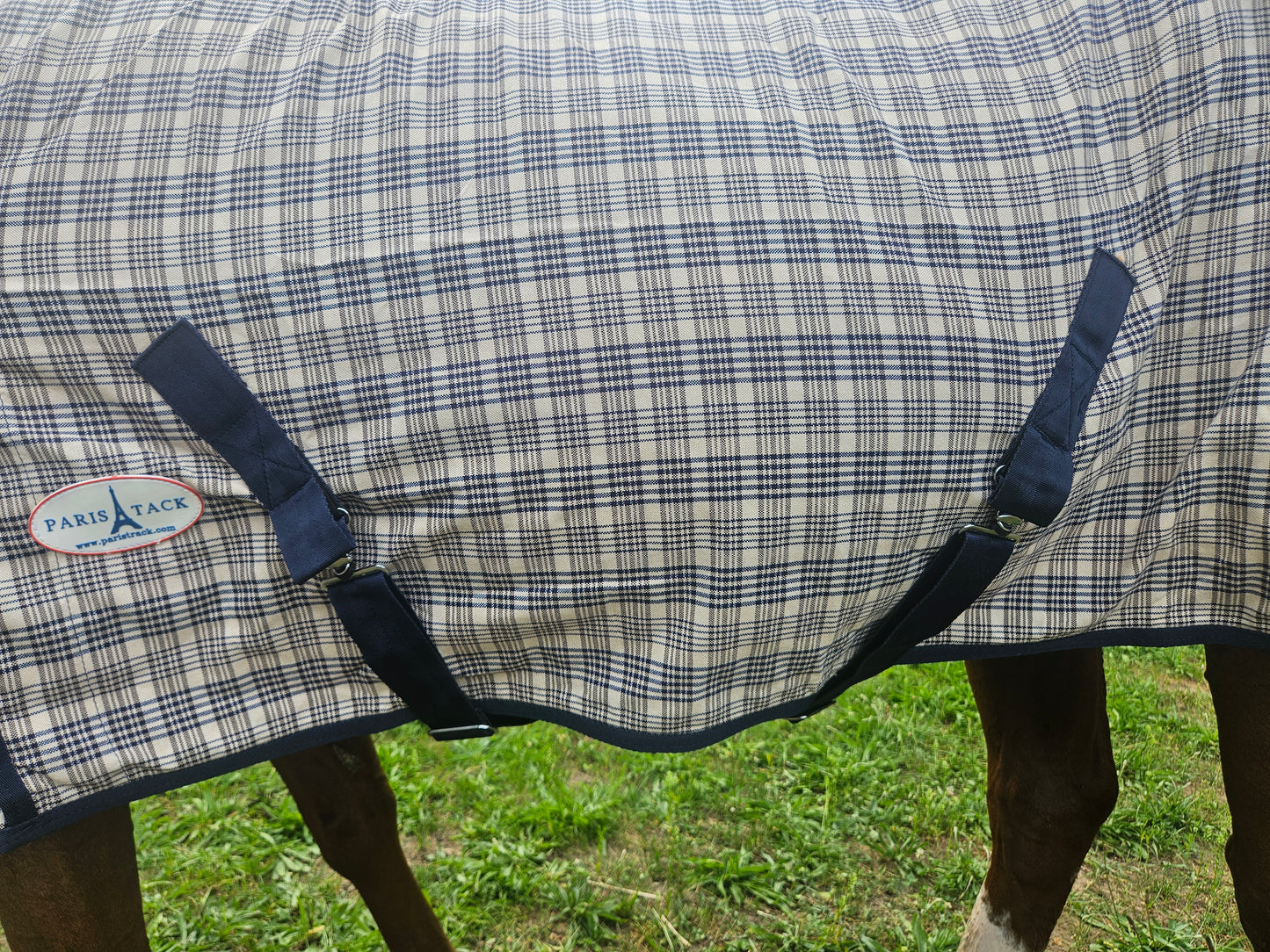 Paris Tack Navy Beige Plaid Horse Stable Sheet with Front Gussets, Lightweight Polyester Sheet for Horses, Travel, Stable & Show Use