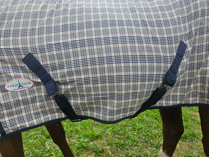 Paris Tack Navy Beige Plaid Horse Stable Sheet with Front Gussets, Lightweight Polyester Sheet for Horses, Travel, Stable & Show Use