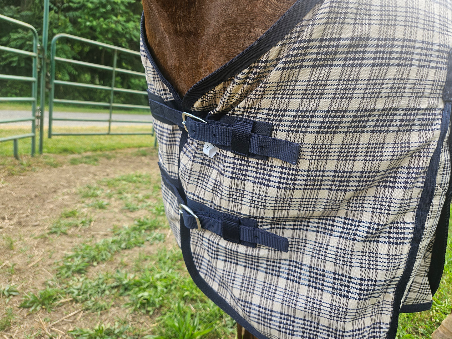 Paris Tack Navy Beige Plaid Horse Stable Sheet with Front Gussets, Lightweight Polyester Sheet for Horses, Travel, Stable & Show Use