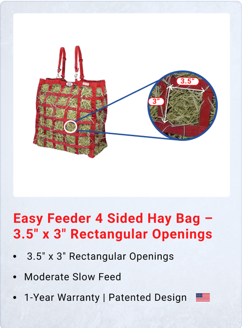 Easy Feeder 4 Sided Hay Bag – 3.5" x 3" Rectangular Openings – Moderate Slow Feed – 1-Year Warranty | Patented Design