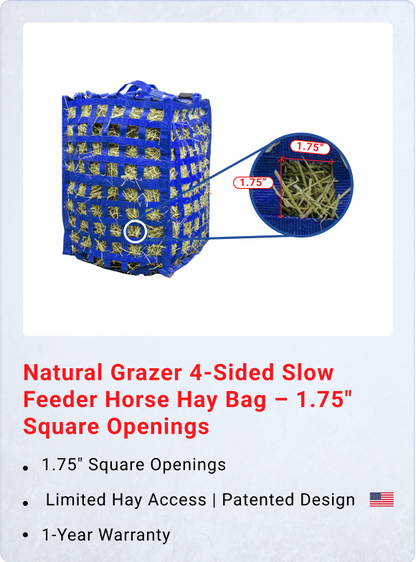 Natural Grazer 4-Sided Slow Feeder Horse Hay Bag – 1.75" Square Openings – Limited Hay Access | Patented Design – 1-Year Warranty