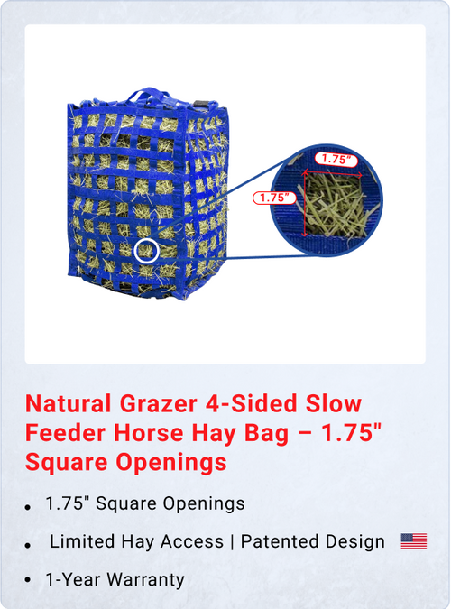 Natural Grazer 4-Sided Slow Feeder Horse Hay Bag – 1.75" Square Openings – Limited Hay Access | Patented Design – 1-Year Warranty