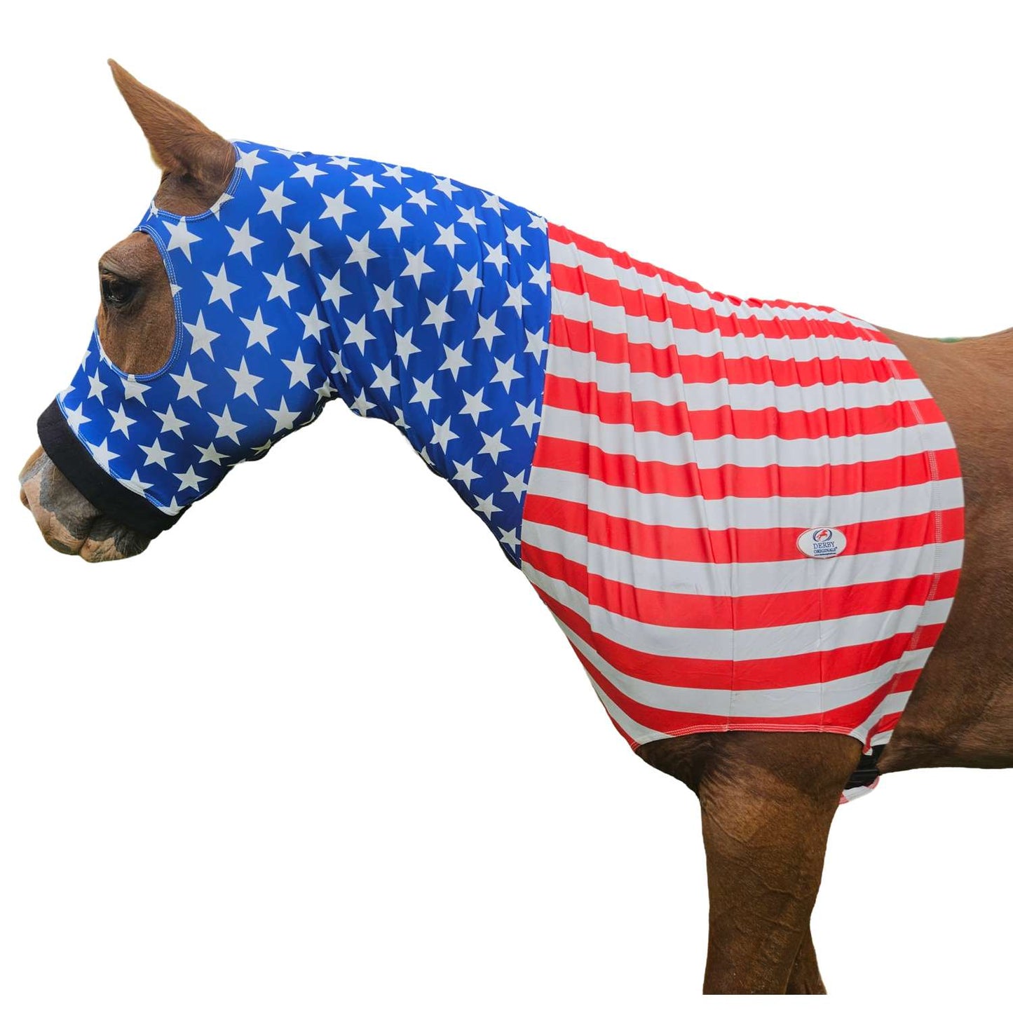 Derby Originals Stars & Stripes Lycra Horse Sleazy Hood with Zipper, Fleece Noseband, Belly Strap – Stretch Neck Cover for Average Horses, Great for Shows & Parades.