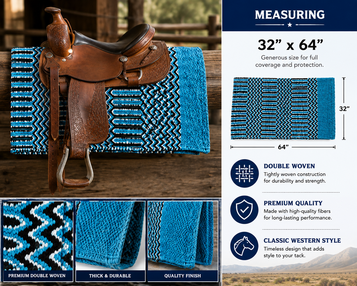 Tahoe Tack Heavyweight 32" x 64" Premium Navajo Double Woven Horse Western Saddle Blanket