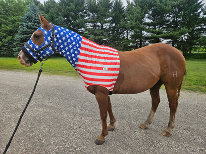 Derby Originals Stars & Stripes Lycra Horse Sleazy Hood with Zipper, Fleece Noseband, Belly Strap – Stretch Neck Cover for Average Horses, Great for Shows & Parades.