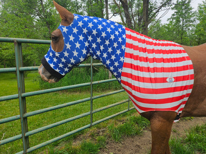 Derby Originals Stars & Stripes Lycra Horse Sleazy Hood with Zipper, Fleece Noseband, Belly Strap – Stretch Neck Cover for Average Horses, Great for Shows & Parades.
