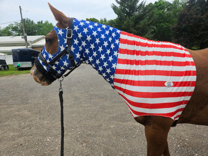 Derby Originals Stars & Stripes Lycra Horse Sleazy Hood with Zipper, Fleece Noseband, Belly Strap – Stretch Neck Cover for Average Horses, Great for Shows & Parades.