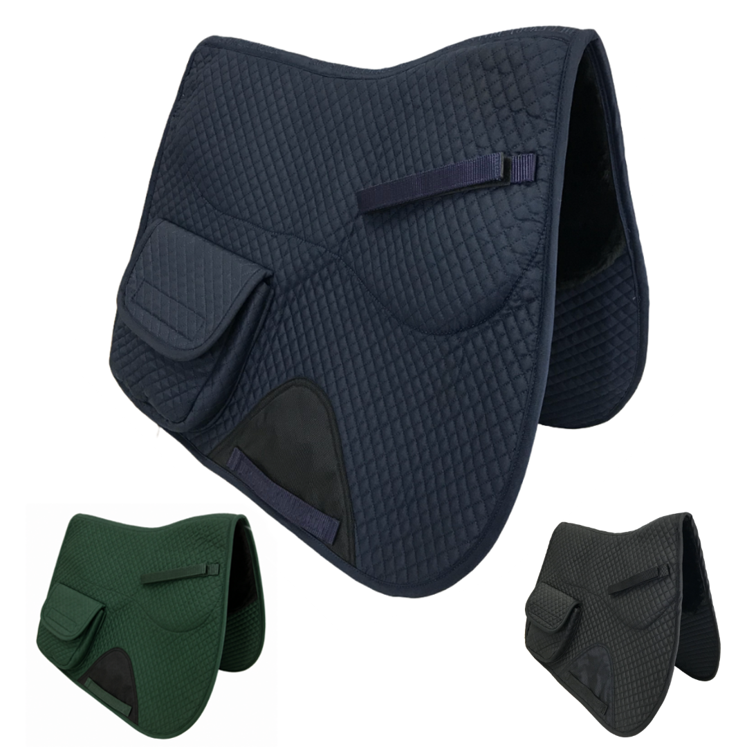 Derby Originals All Purpose English Saddle Pad with Pockets Half Fleece lined for Shock Absorbing Wither Relief Design for comfort and Trail Riding.