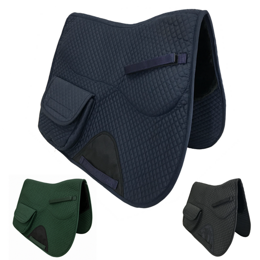 Derby Originals All Purpose English Saddle Pad with Pockets Half Fleece lined for Shock Absorbing Wither Relief Design for comfort and Trail Riding.