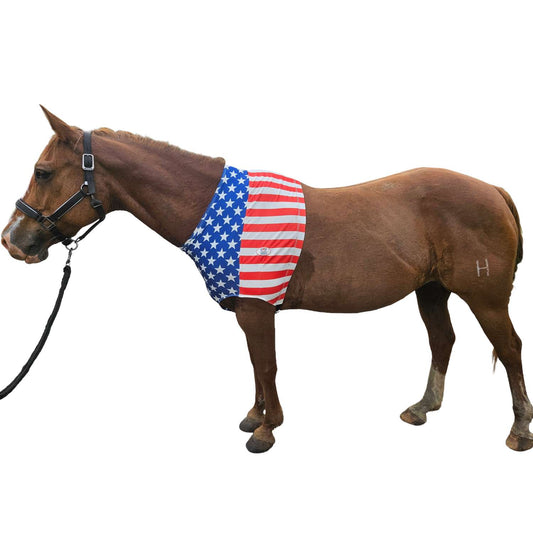 Derby Originals Patriotic Stars & Stripes Lycra Horse Shoulder Guard – Stretch Slicker with Belly Strap, Anti-Chafe Design for Blanket Rubbing, Ideal for Parades & Shows, Full Size (78"-82")