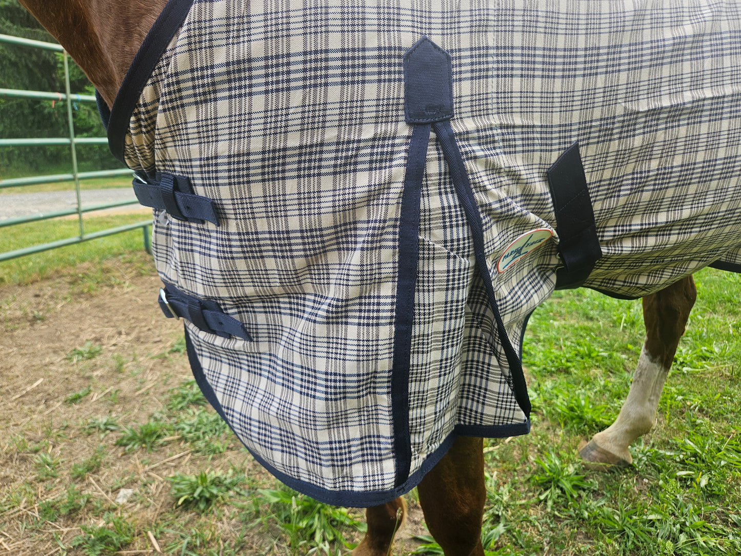 Paris Tack Navy Beige Plaid Horse Stable Sheet with Front Gussets, Lightweight Polyester Sheet for Horses, Travel, Stable & Show Use